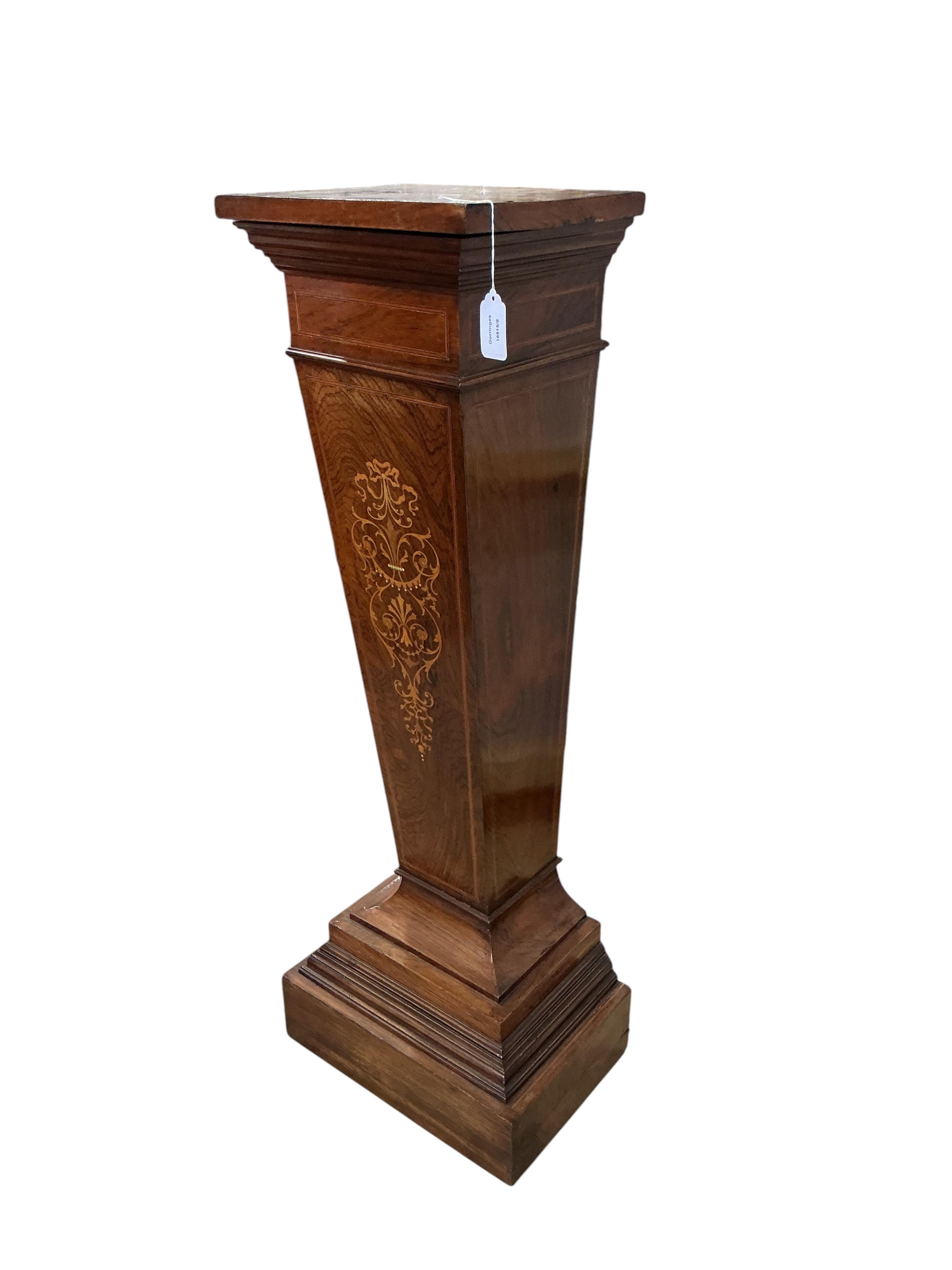 An Edwardian marquetry inlaid rosewood pedestal, width 32cm, height 109cm